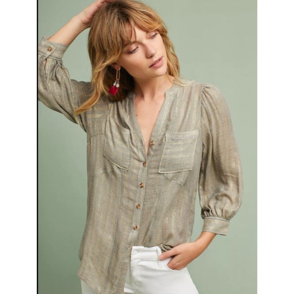 Anthropologie Akemi + Kin Itzel Metallic Buttondown Size 2 Wool Blend